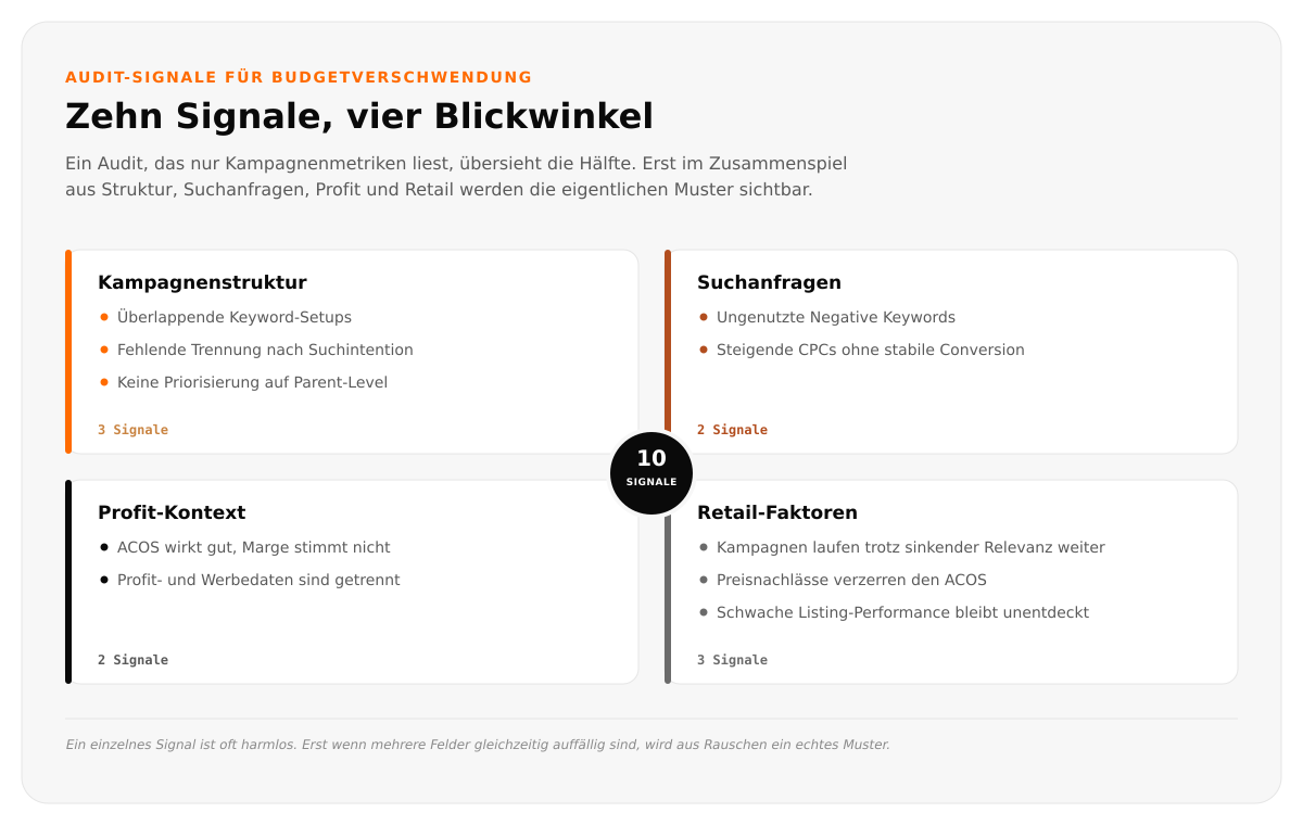 Vier Audit-Kategorien mit je 2-3 Beispielsignalen: Kampagnenstruktur, Suchanfragen, Profit-Kontext und Retail-Faktoren, insgesamt 10 Signale